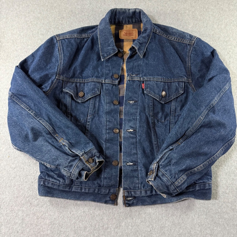 Vintage Levis 70401 0824 Flannel Lined Denim Trucker Jacket Made in USA Blue 44